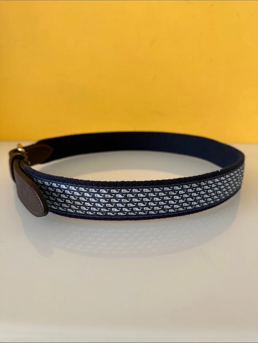 Vineyard Vines Navy Whale-Print Webbing Belt with Brown Leather Trim Size 30